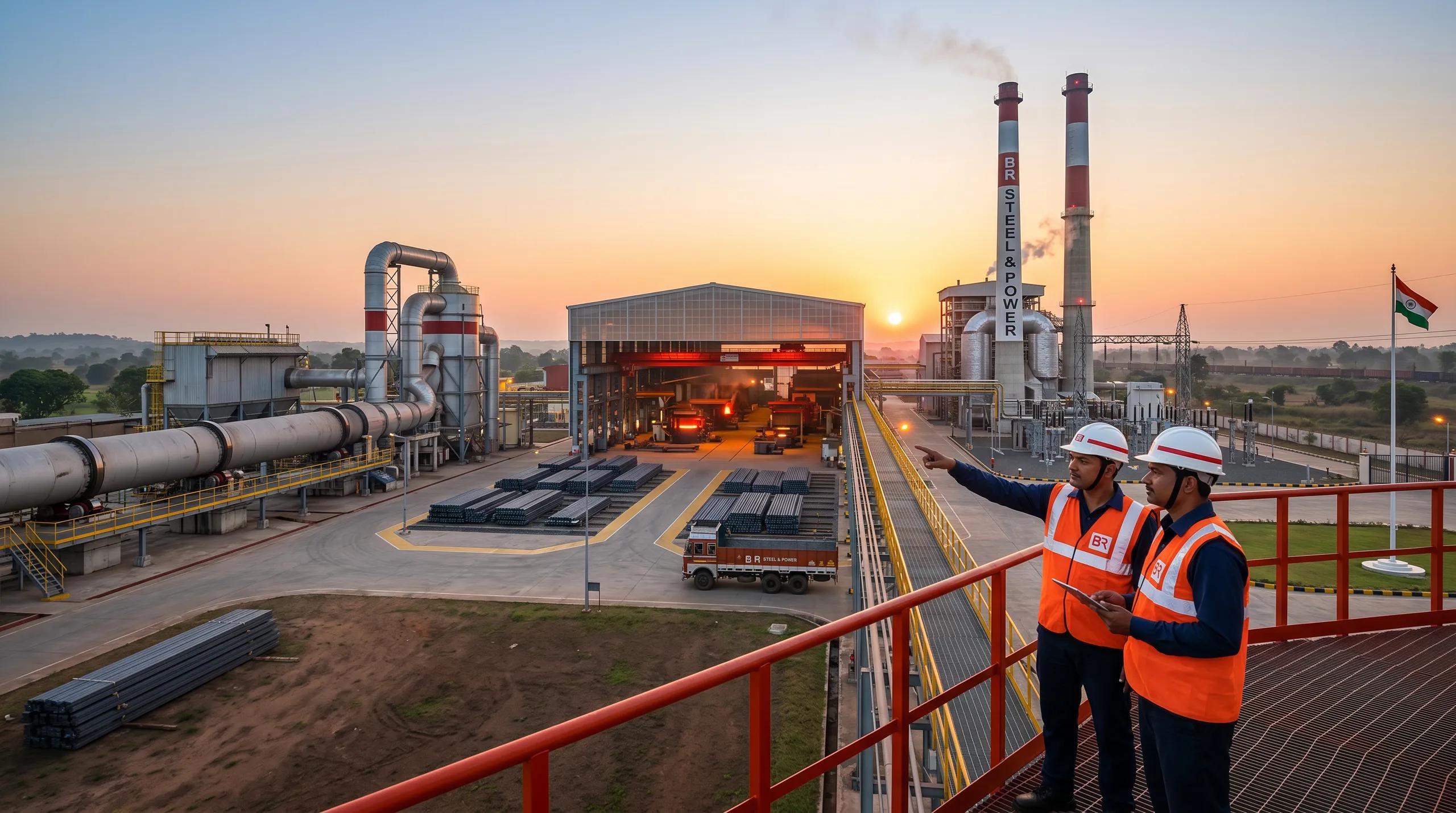 BR Steel & Power plant at sunset — rotary kilns, captive power chimneys and engineers overlooking the facility.